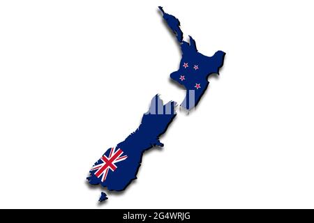 Übersichtskarte von Neuseeland mit der überlagerten Nationalflagge über dem Land. 3D-Grafiken, die einen Schatten auf den weißen Hintergrund werfen Stockfoto