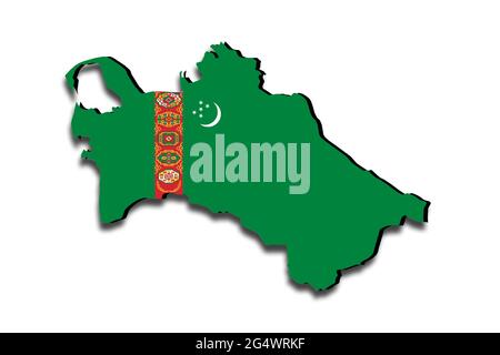 Übersichtskarte von Turkmenistan mit der Nationalflagge über dem Land. 3D-Grafiken, die einen Schatten auf den weißen Hintergrund werfen Stockfoto