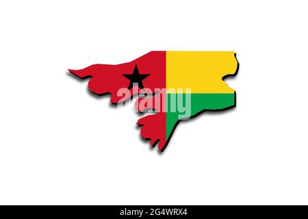 Übersichtskarte von Guinea-Bissau mit überlagerter Nationalflagge. 3D-Grafiken, die einen Schatten auf den weißen Hintergrund werfen Stockfoto