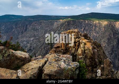 Das verwitterte Auftauchen entlang des Warner Point Trails steht im Vordergrund mit Blick auf den Black Canyon of the Gunnsion Stockfoto