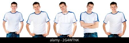 Mann in weißem T-Shirt auf isoliert auf weißem Hintergrund für Ihr Design Stockfoto