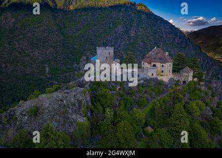 Panoramablick auf Castelbello Ciardes, Schloss Juval, Italien, Trentino-Suedtirol, Kastelbell Stockfoto