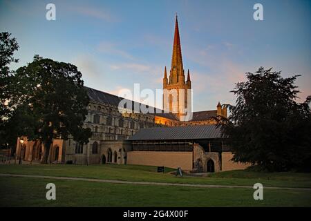 Norwich Cathedral bei Dämmerung Stockfoto