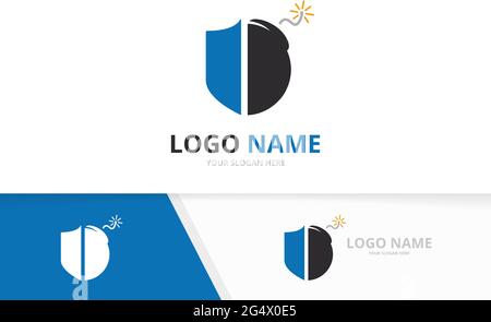 Kombination aus Vector Shield und Bomb Logo. Design-Vorlage für Sicherheit und Detonation des Logos. Stock Vektor