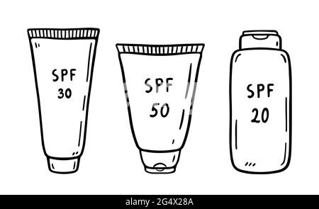 Satz von Sonnenschutzröhrchen isoliert auf weißem Hintergrund. Lotionen 20, 30, 50 SPF zum Schutz vor ultraviolettem Licht. Vektor-handgezeichnete Illustration im Doodle-Stil. Perfekt für Karten, Logo. Stock Vektor