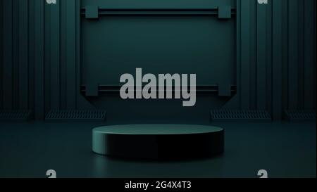 Futuristische Mock-up-Szene mit Schaufenster zur Produktpräsentation, abstraktes, dunkles, futuristisches Science-Fiction-Design, 3D-Rendering, 3D-Illustration Stockfoto