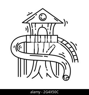 Spielplatz Kinder Baumhaus, spielen, Kinder, Kindergarten. Handgezeichnete Icon-Set, Umriss schwarz, Doodle-Symbol, Vektor-Symbol-Design. Stock Vektor