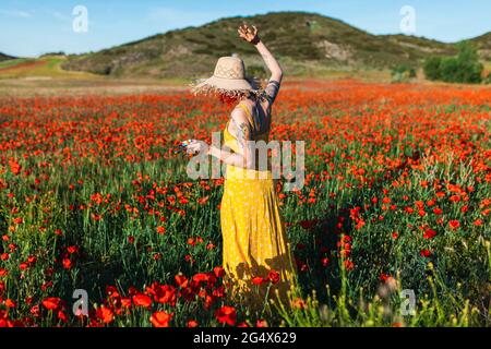Frau mittleren Erwachsenen, die an sonnigen Tagen inmitten roter Mohnblumen steht Stockfoto