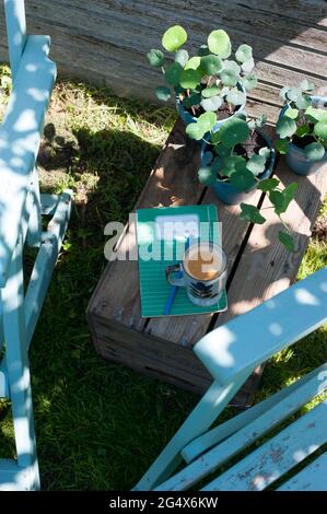 Eingetopftes Kapuzinerkresse, Notizblock und ein Becher Kaffee stehen auf einer Kiste, die im Hinterhof liegt Stockfoto