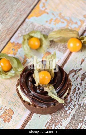 Mini-Tarte mit Mascarpone-Creme und Schokoladenganache, dekoriert und mit Physalis umgeben (vertikales Foto). Stockfoto