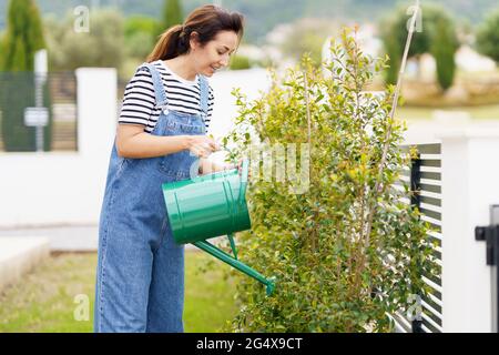 Lächelnde Frau mit mittlerem Erwachsenen, die im Garten des neuen Hauses Wasser auf die Pflanzen gießt Stockfoto