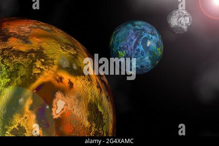 Digital gerenderte hochauflösende Aufnahme von Mars, Erde und Mond. Stockfoto