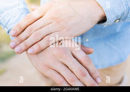 Marienkäfer auf der Hand des Mannes Stockfoto