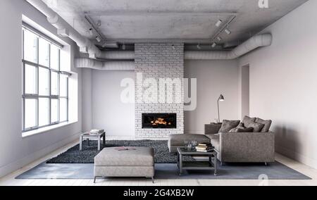 Dreidimensionales Design des Wohnzimmers mit Couch und Kamin Stockfoto