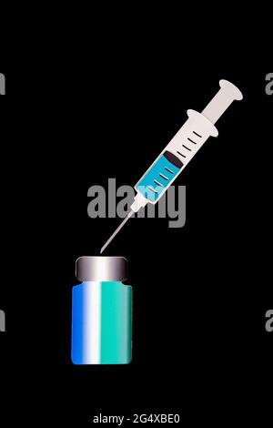 2D-Papierausschnitte der gefüllten Spritze und der Flasche mit Impfstoff Stockfoto