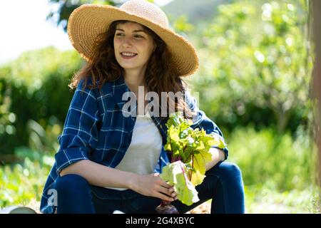 Frau mit Sonnenhut, die rote Beete im Garten hält Stockfoto