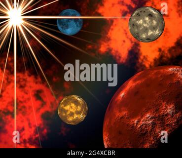 Hochauflösendes digital erstelltes 3D-Bild des Sonnensystems mit Planeten. Stockfoto