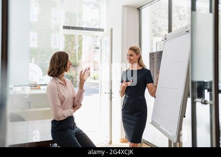 Weibliche Fachleute diskutieren über Whiteboard während der Sitzung im Büro Stockfoto