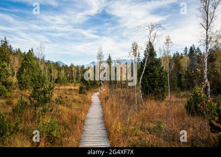 Reifer männlicher Reisender, der auf der Promenade in Murnauer Moos, Bayern, Deutschland, läuft Stockfoto