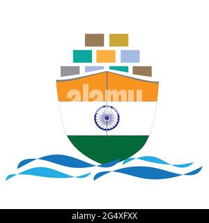 Konzept Design Frachtschiff mit Indien Flagge. Handelsschiff Container Fracht Import und Export maritime logistic. Vektorgrafik Stock Vektor