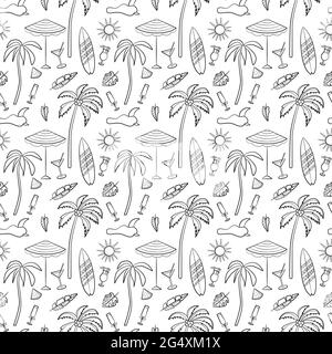 Nahtloses Reise- und Urlaubsmuster mit Reiseelementen. Nahtlose Muster für Design, Poster, Hintergründe Urlaub und Reise Thema. Palm, Beacj Stock Vektor