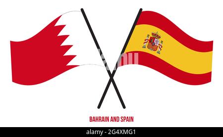 Bahrain und Spanien Flaggen gekreuzt und winken Flat Style. Offizieller Anteil. Korrekte Farben. Stock Vektor