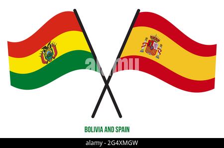 Bolivien und Spanien Flaggen gekreuzt und winken Flat Style. Offizieller Anteil. Korrekte Farben. Stock Vektor