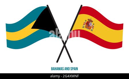 Bahamas und Spanien Flaggen gekreuzt und winken Flat Style. Offizieller Anteil. Korrekte Farben. Stock Vektor