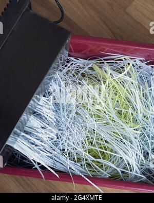 Aus der Maschine entkommenes Raspelpapier. Draufsicht. Aktenvernichtung von Dokumenten aus Sicherheitsgründen. Stockfoto