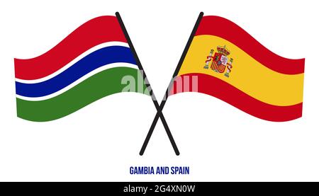 Gambia und Spanien Flaggen gekreuzt und winken Flat Style. Offizieller Anteil. Korrekte Farben. Stock Vektor