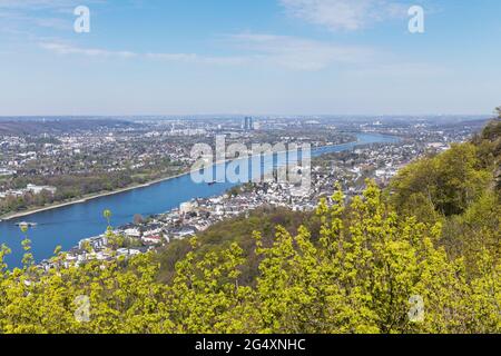 Deutschland, Nordrhein-Westfalen, Blick auf den Rhein, Königswinter, Bonn und Köln vom Drachenfels im Frühjahr aus gesehen Stockfoto