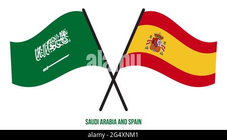 Saudi-Arabien und Spanien Flaggen gekreuzt und winken Flat Style. Offizieller Anteil. Korrekte Farben. Stock Vektor