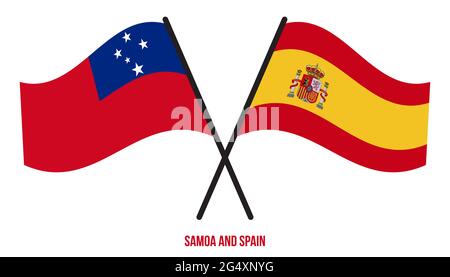 Samoa und Spanien Flaggen gekreuzt und winken Flat Style. Offizieller Anteil. Korrekte Farben. Stock Vektor