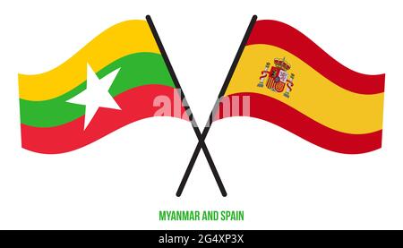 Myanmar und Spanien Flaggen gekreuzt und winken Flat Style. Offizieller Anteil. Korrekte Farben. Stock Vektor
