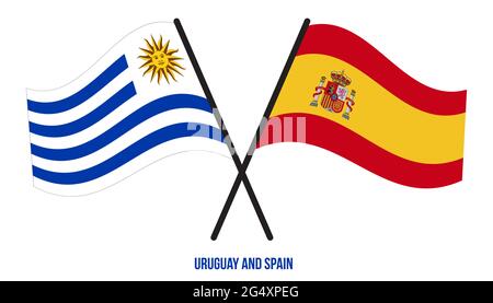 Uruguay und Spanien Flaggen gekreuzt und winken Flat Style. Offizieller Anteil. Korrekte Farben. Stock Vektor