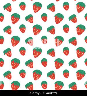 Einfaches kindisches Muster mit Erdbeeren auf weißem Hintergrund. Vektor natürliche flache Textur mit Beeren. Stoff mit süßen leckeren Speisen. Hintergrundbild Stock Vektor