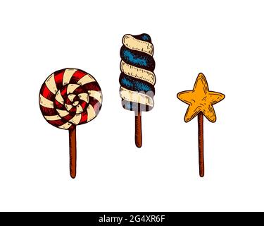Satz von handgezeichneten bunten Lutschern isoliert auf Weiß. Vektorgrafik im Skizzenstil Stock Vektor