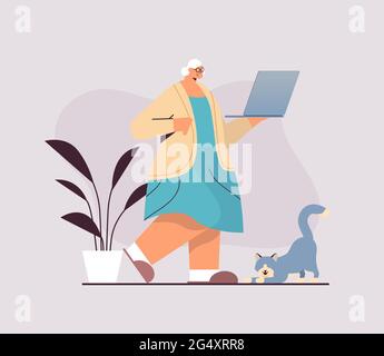 Ältere Frau mit Laptop Großmutter entspannen zu Hause Social-Media-Netzwerk Konzept in voller Länge Stock Vektor