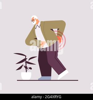 Älterer Mann mit Rückenschmerzen Probleme im Alter Konzept schmerzhaft entzündeten Bereich in roter Farbe hervorgehoben Stock Vektor