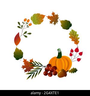 Runder Rahmen aus Herbstblättern mit Kürbis. Stock Vektor