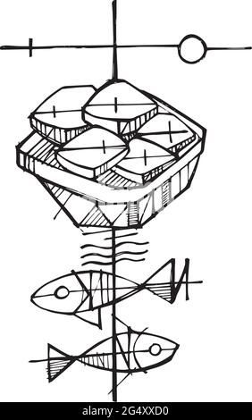 Handgezeichnete Vektorgrafik oder Zeichnung des christlichen Symbols von zwei Fischen und fünf Broten Stock Vektor