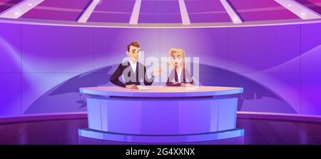 Fernsehmoderatoren, die Nachrichten in einem modernen Fernsehstudio mit Erdkugel auf einem riesigen Panoramabildschirm senden. Nachrichtensprecher von Anchorman und Frau berichten über ein Programm, das am Schreibtisch sitzt, Cartoon-Vektor-Illustration Stock Vektor