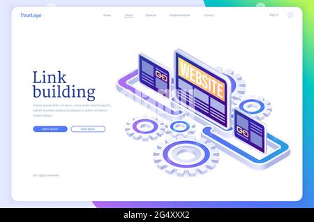 Link zur isometrischen Landing Page. Suchmaschinenoptimierung, SEO effektive Methode. Hyperlink-Verbindung zwischen Online-Websites. Erfolgreiche Strategie für die Entwicklung der Startseite 3d-Vektor-Webbanner Stock Vektor