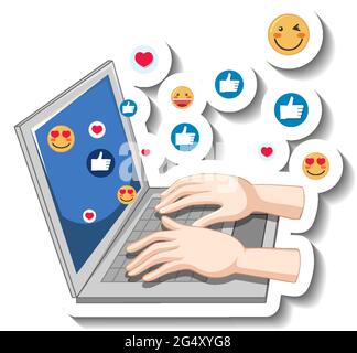 Eine Stickervorlage mit Hands on Laptop mit Social Emoji-Symbol-Illustration Stock Vektor