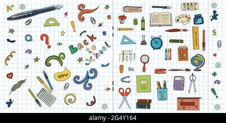 Zurück zur Schule. Big Vector Doodle Set. Schreibwaren für Schule, Universität und Büro. Handgezeichnete Schulmaterialien. Ein Satz farbiger flacher Symbole. Zeichentrickfilm Stock Vektor