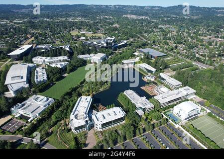 Eine Luftaufnahme des Nike World Headquarters, Mittwoch, 23. Juni 2021, in Beaverton, Ore. Stockfoto