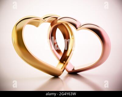 Zwei herzzonförmige Ringe. 3D-Illustration. Stockfoto