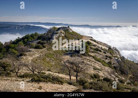 Blick vom Gipfel Roca Corbatera in der Serra de Montsant, an einem Wintermorgen (Priorat, Tarragona, Katalonien, Spanien) Stockfoto