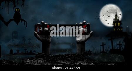 3D-Illustration halloween-Konzept mit der Hand aus dem Boden auf dem Friedhof, Mond, Schloss, Tee, Eule und Fledermäuse in Fantasy Night. Stockfoto