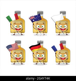 Coconut Arrack Cartoon-Figur bringen die Flaggen verschiedener Länder. Vektorgrafik Stock Vektor